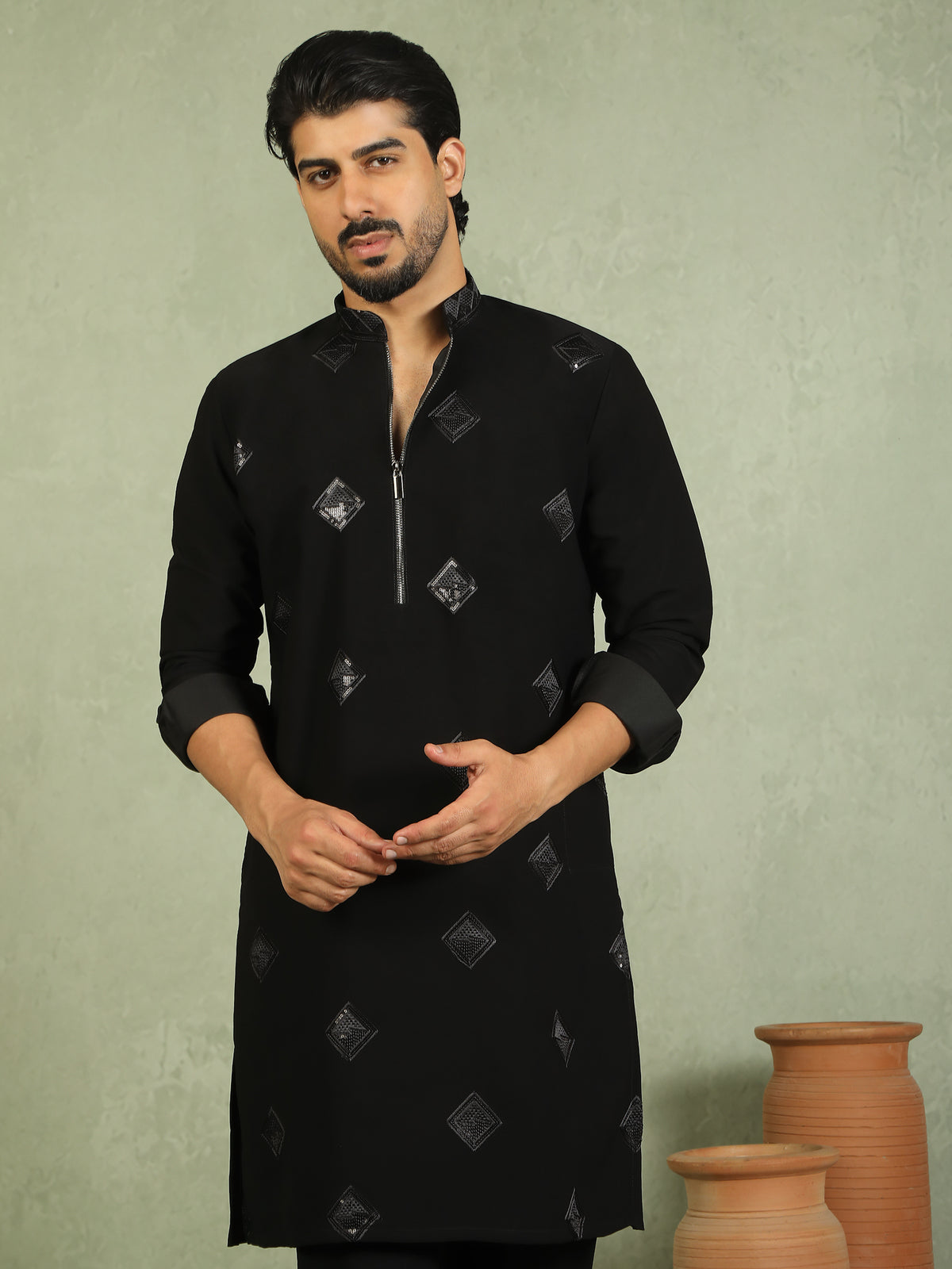 Luxe Men's Japanese Geometric Embroidered with Sequins & Zip Closure Kurta with Trouser Set - Black
