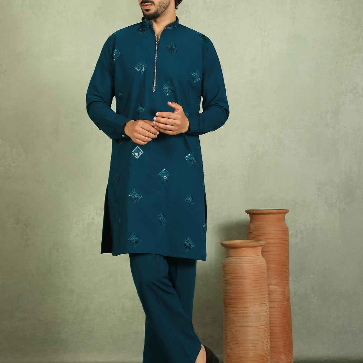 Luxe Men's Japanese Geometric Embroidered with Sequins & Zip Closure Kurta with Trouser Set - Blue