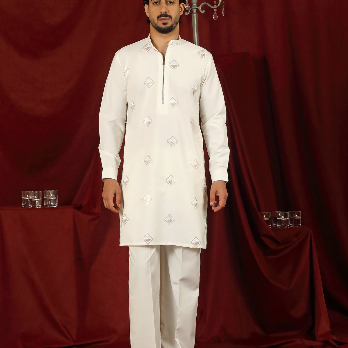 Luxe Men's Japanese Geometric Embroidered with Sequins & Zip Closure Kurta with Trouser Set - Cream