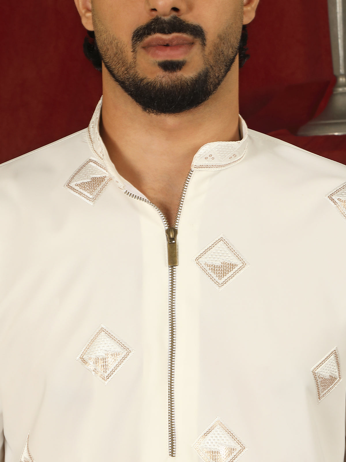 Luxe Men's Japanese Geometric Embroidered with Sequins & Zip Closure Kurta with Trouser Set - Cream