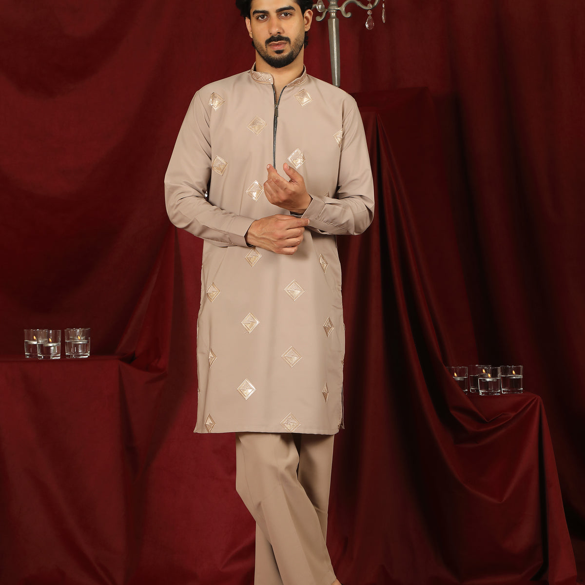 Luxe Men's Japanese Geometric Embroidered with Sequins & Zip Closure Kurta with Trouser Set - Fawn