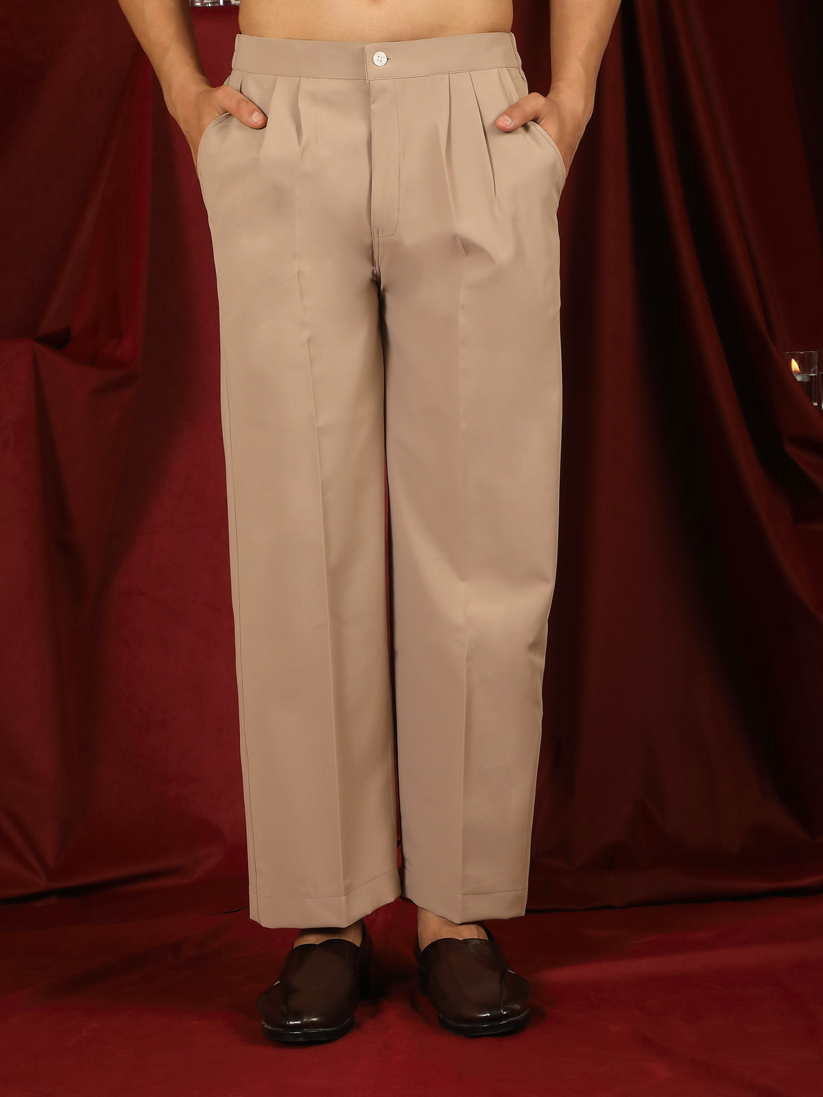 Luxe Men's Japanese Geometric Embroidered with Sequins & Zip Closure Kurta with Trouser Set - Fawn