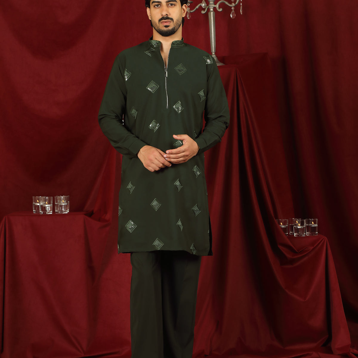 Luxe Men's Japanese Geometric Embroidered with Sequins & Zip Closure Kurta with Trouser Set - Mehndi