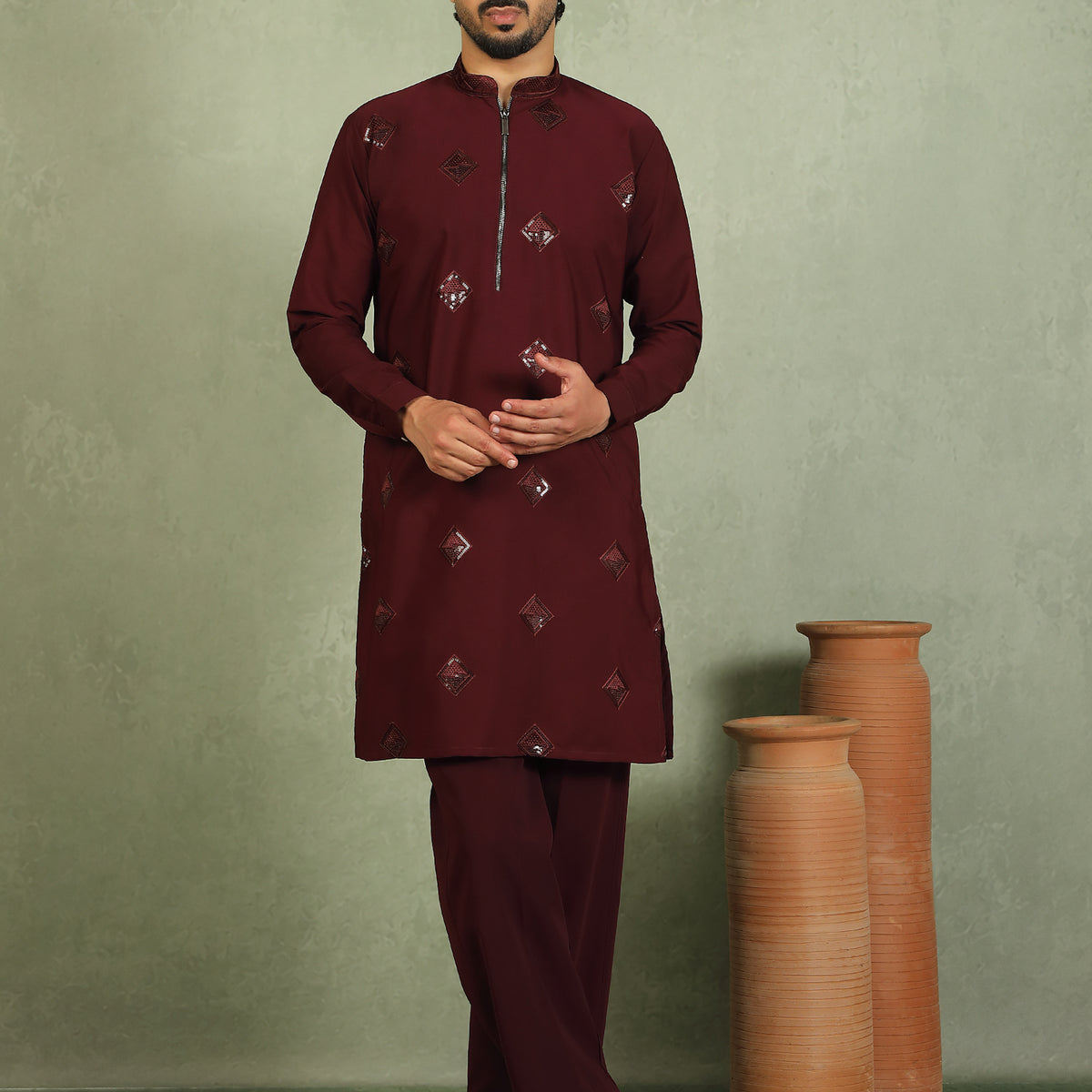 Luxe Men's Japanese Geometric Embroidered with Sequins & Zip Closure Kurta with Trouser Set - Maroon