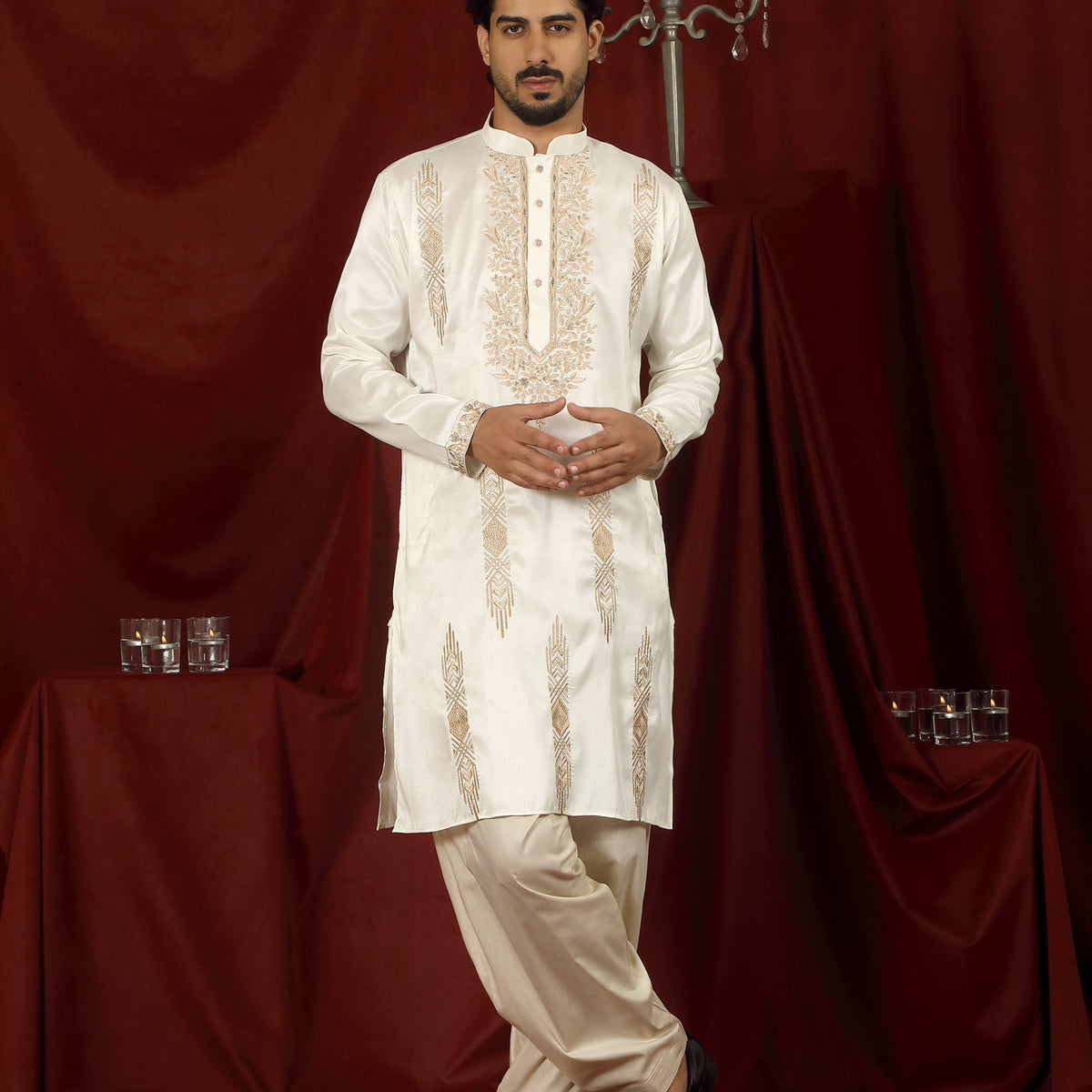 Luxe Men's Tissue Fabric Floral Golden Embroidery with Sequinned Neckline Kurta with Salwar Set - Cream