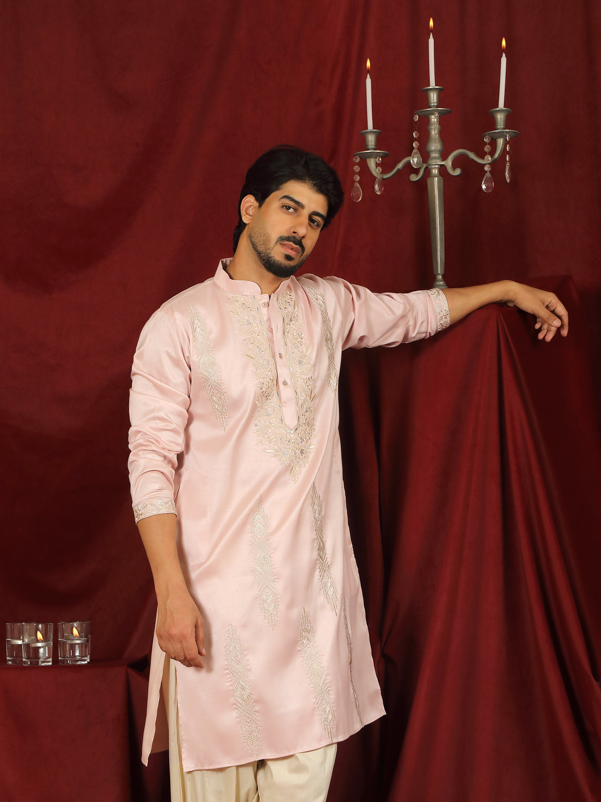 Luxe Men's Tissue Fabric Floral Golden Embroidery with Sequinned Neckline Kurta - Pink