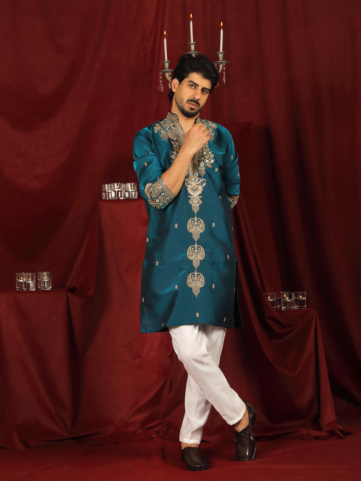Luxe Men's Tissue Fabric Paisley Designed Embroidery with Sequinned V-Neck Kurta - Blue