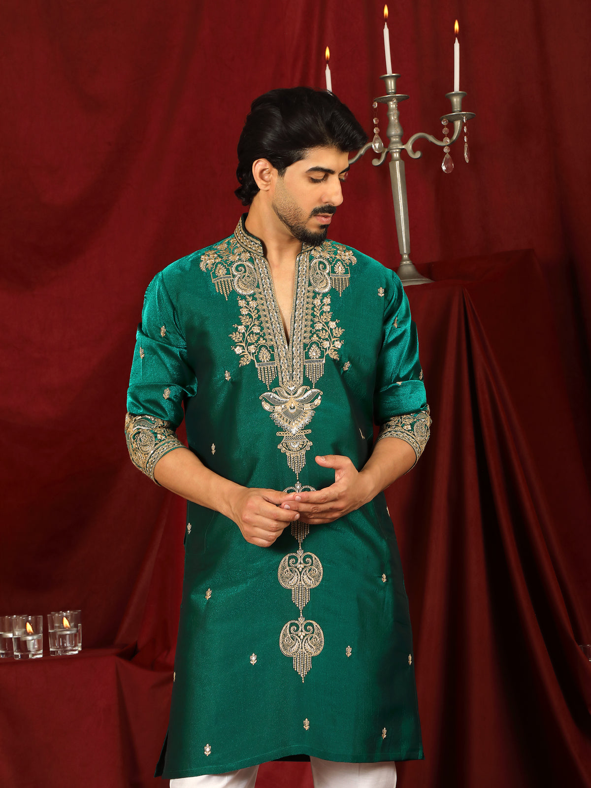 Luxe Men's Tissue Fabric Paisley Designed Embroidery with Sequinned V-Neck Kurta - Green