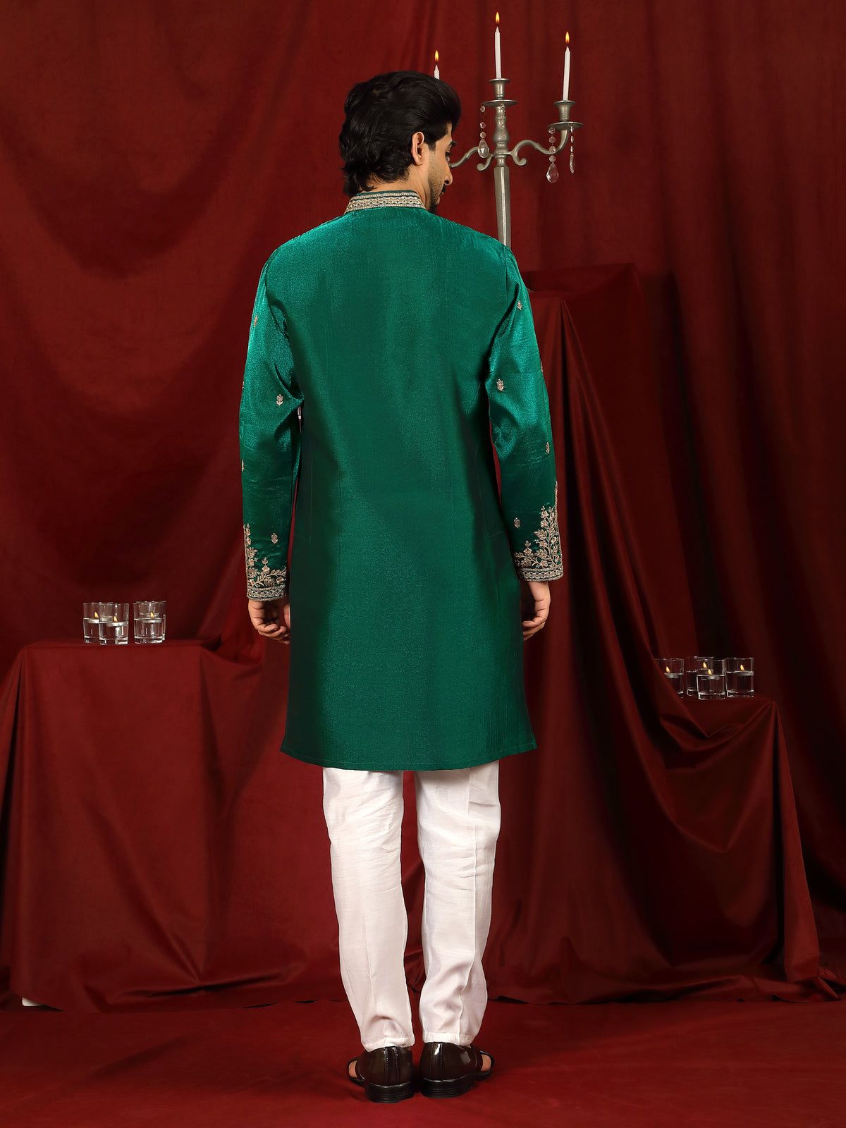 Luxe Men's Tissue Fabric Paisley Designed Embroidery with Sequinned V-Neck Kurta - Green