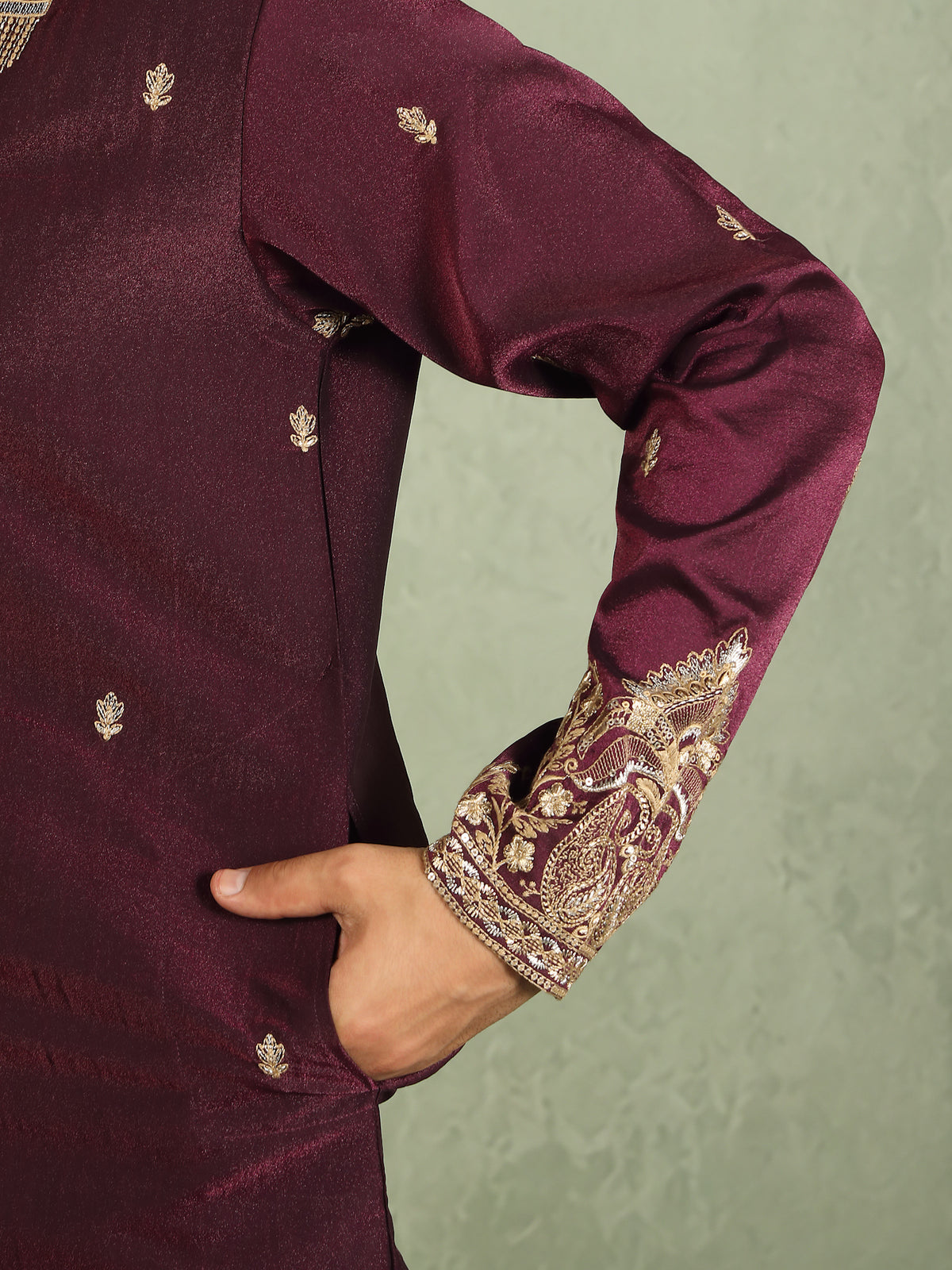 Luxe Men's Tissue Fabric Paisley Designed Embroidery with Sequinned V-Neck Kurta - Wine