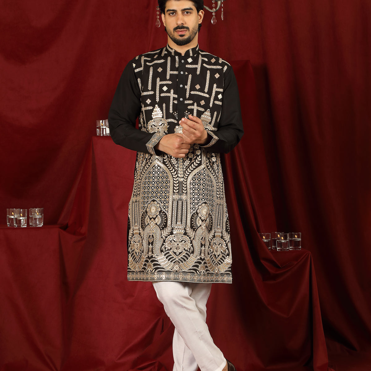 Luxe Men's Cotton Silk Fabric Ethnic Motifs Geometric Designed Kurta with Trouser Set - Beige