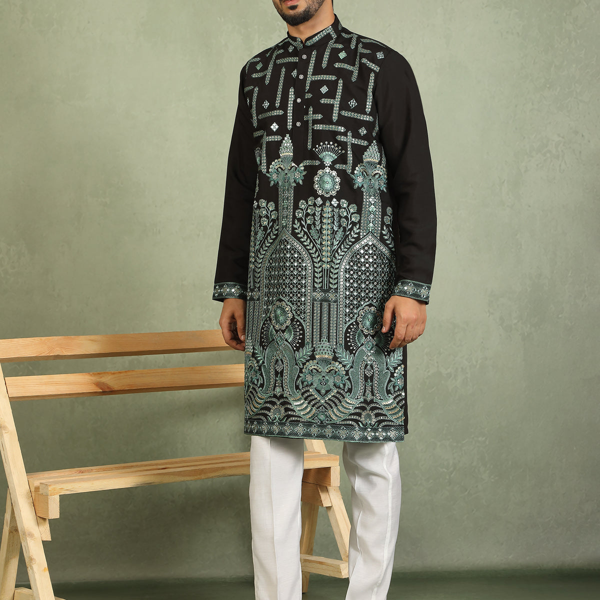 Luxe Men's Cotton Silk Fabric Ethnic Motifs Geometric Designed Kurta with Trouser Set - Green