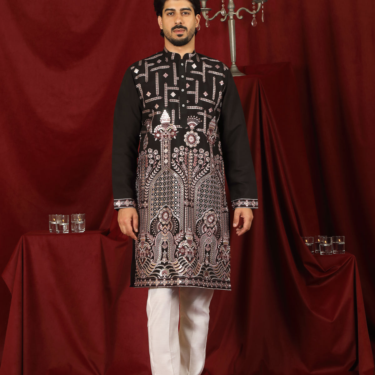 Luxe Men's Cotton Silk Fabric Ethnic Motifs Geometric Designed Kurta with Trouser Set - Mauve