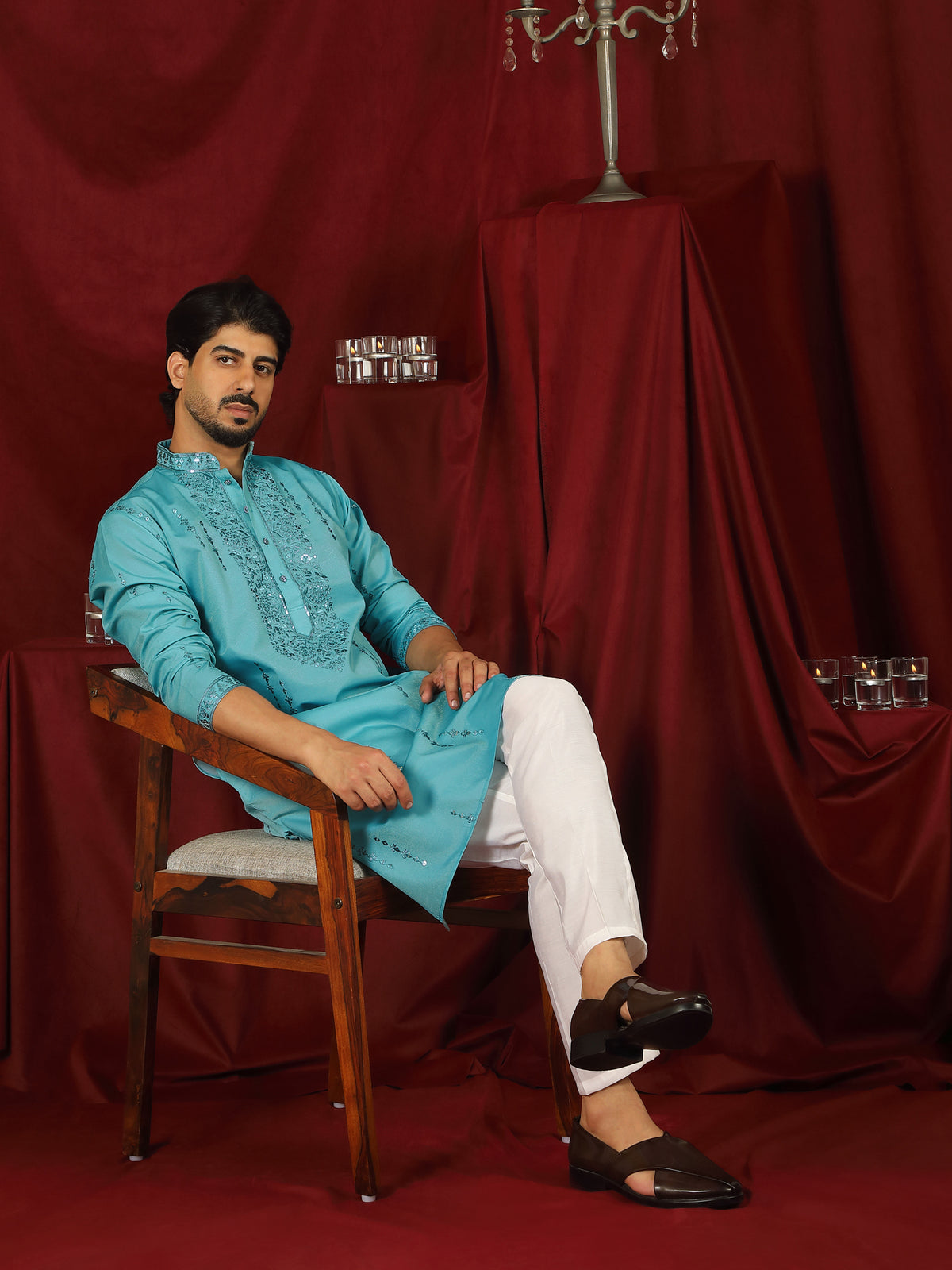 Luxe Men's Tissue Fabric All Over Boota & Mirror Work with Floral Embroidery Kurta with Trouser Set - Blue