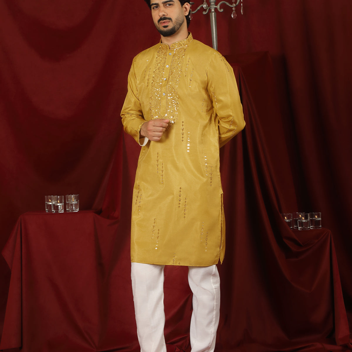 Luxe Men's Tissue Fabric All Over Boota & Mirror Work with Floral Embroidery Kurta with Trouser Set - Mustard
