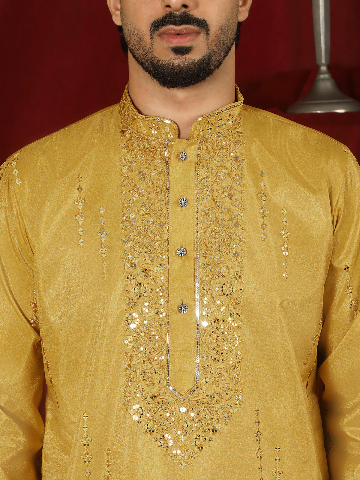Luxe Men's Tissue Fabric All Over Boota & Mirror Work with Floral Embroidery Kurta with Trouser Set - Mustard
