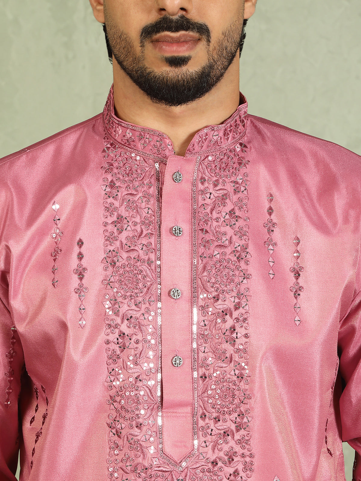 Luxe Men's Tissue Fabric All Over Boota & Mirror Work with Floral Embroidery Kurta - Pink