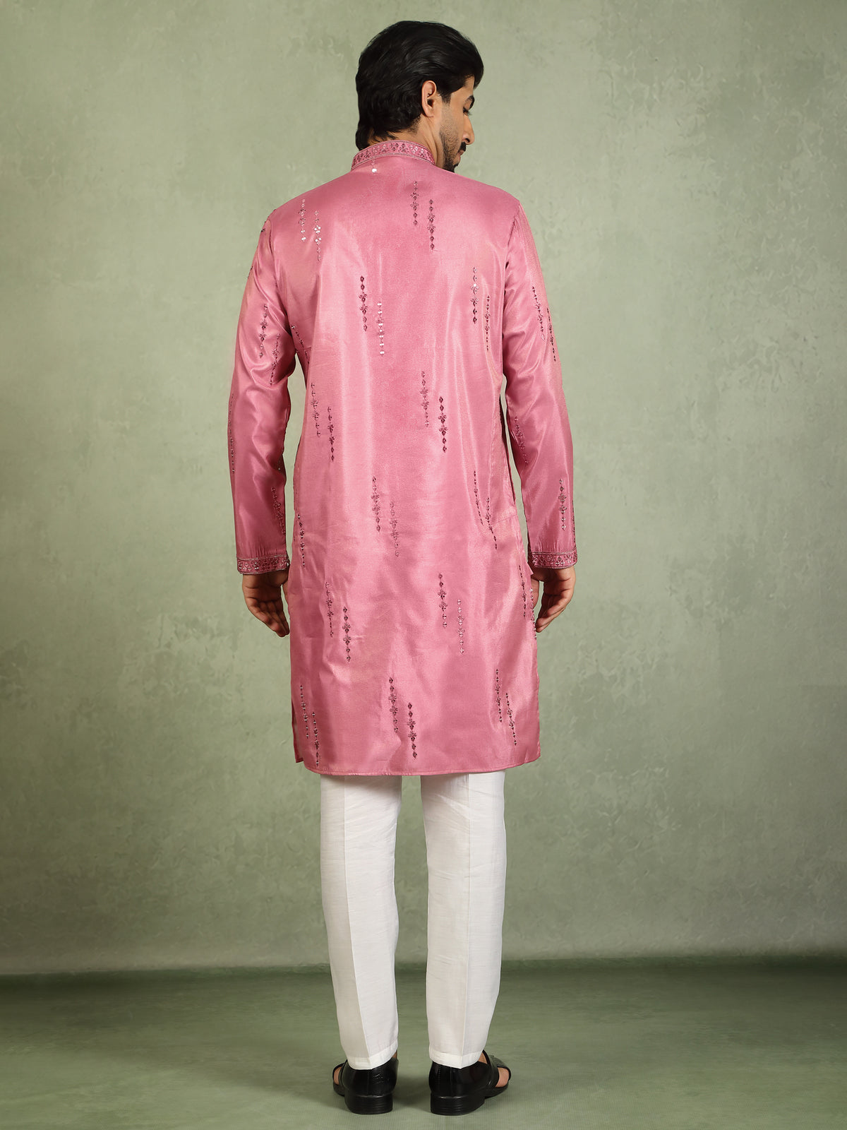 Luxe Men's Tissue Fabric All Over Boota & Mirror Work with Floral Embroidery Kurta - Pink