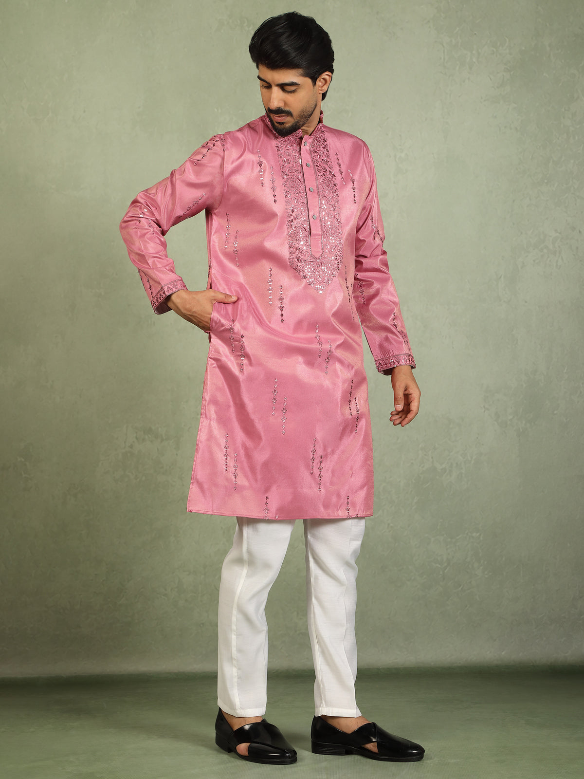 Luxe Men's Tissue Fabric All Over Boota & Mirror Work with Floral Embroidery Kurta - Pink
