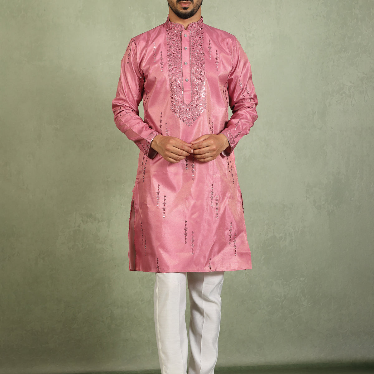 Luxe Men's Tissue Fabric All Over Boota & Mirror Work with Floral Embroidery Kurta with Trouser Set - Pink