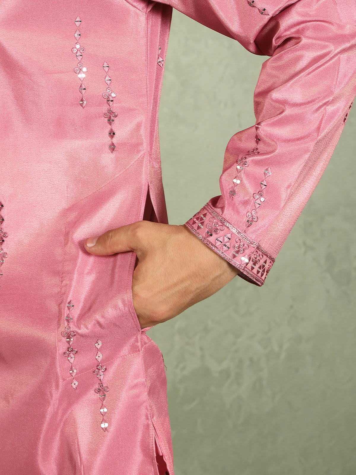 Luxe Men's Tissue Fabric All Over Boota & Mirror Work with Floral Embroidery Kurta with Trouser Set - Pink