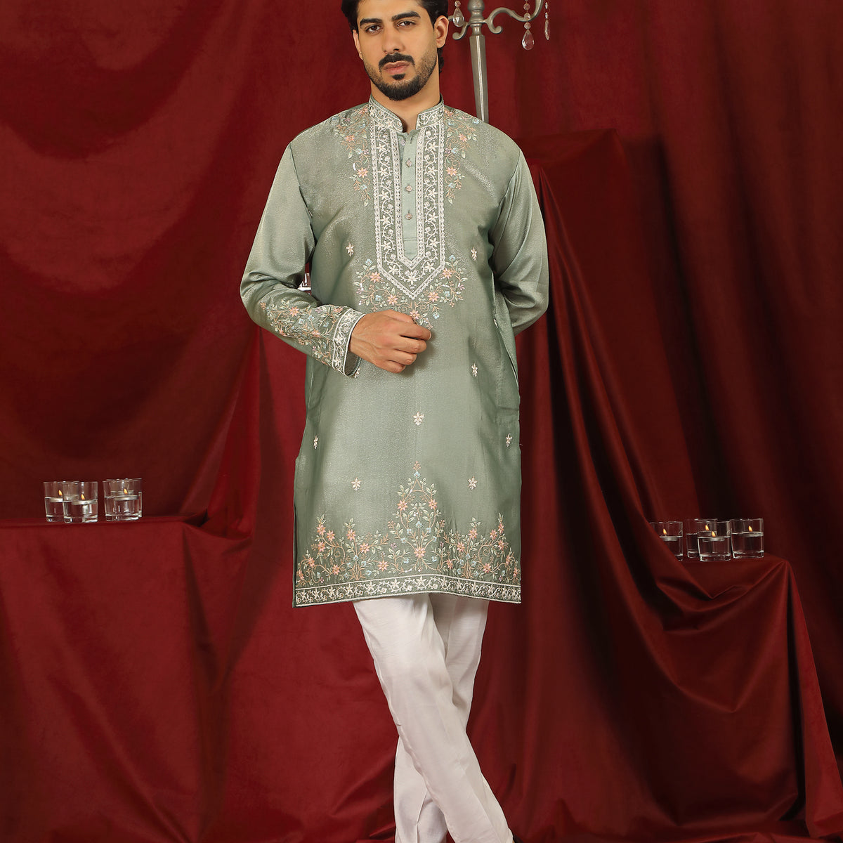 Luxe Men's Tissue Fabric Multi Color Floral Embroidery with Mirror Work Kurta with Trouser Set - Green
