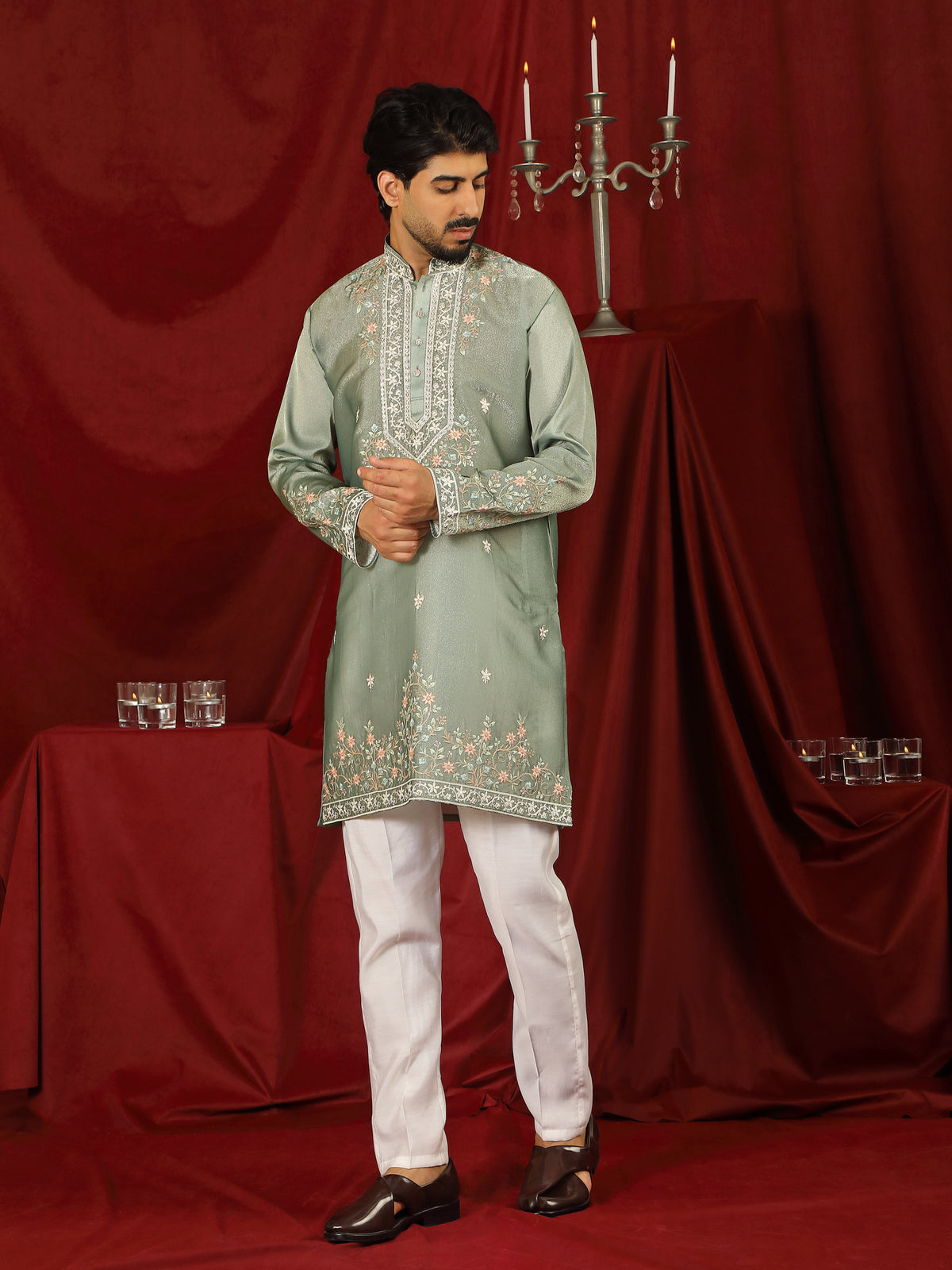 Luxe Men's Tissue Fabric Multi Color Floral Embroidery with Mirror Work Kurta with Trouser Set - Green