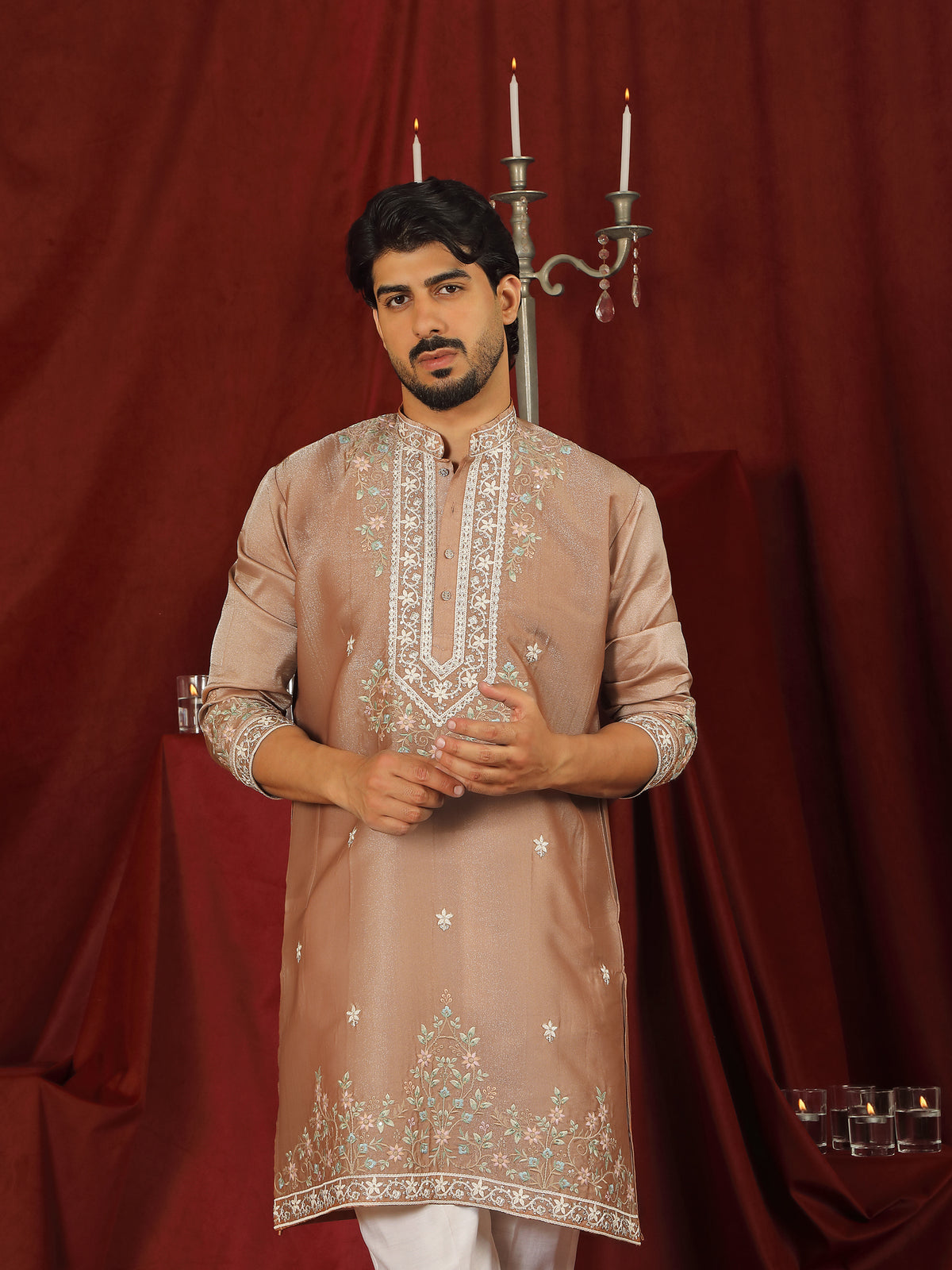 Luxe Men's Tissue Fabric Multi Color Floral Embroidery with Mirror Work Kurta - Rust
