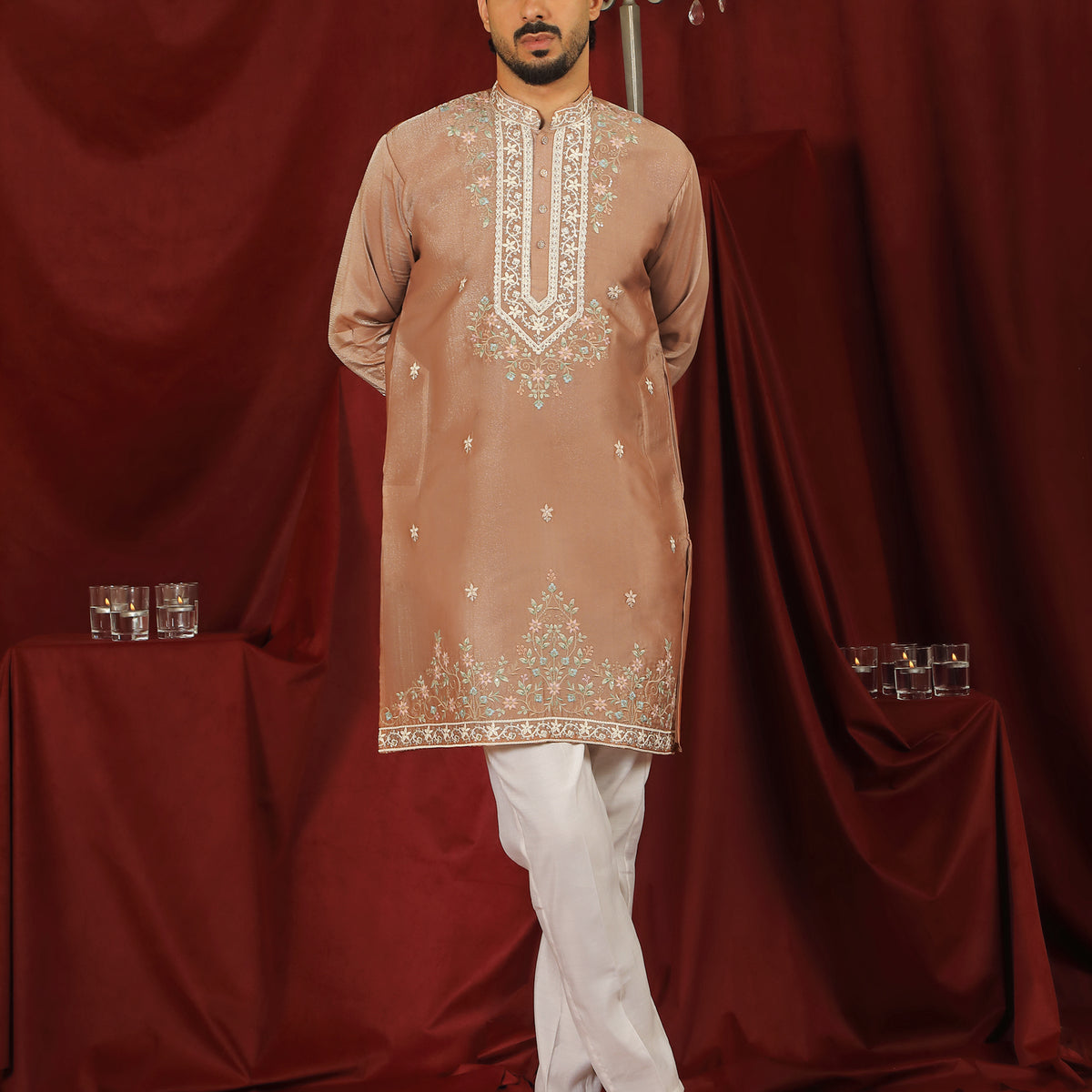 Luxe Men's Tissue Fabric Multi Color Floral Embroidery with Mirror Work Kurta with Trouser Set - Rust