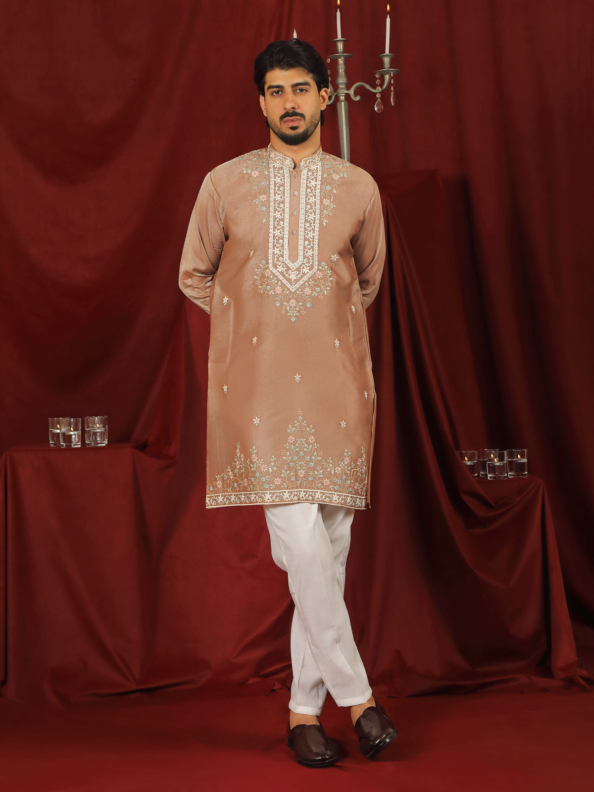 Luxe Men's Tissue Fabric Multi Color Floral Embroidery with Mirror Work Kurta with Trouser Set - Rust