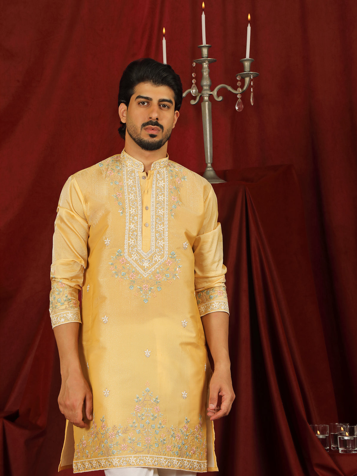 Luxe Men's Tissue Fabric Multi Color Floral Embroidery with Mirror Work Kurta - Yellow
