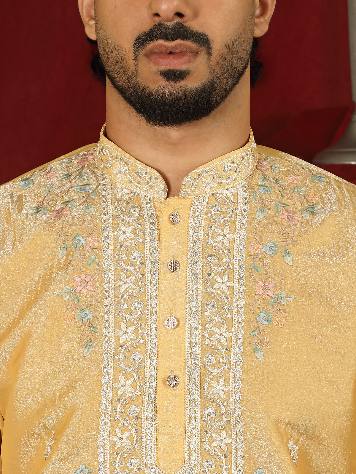 Luxe Men's Tissue Fabric Multi Color Floral Embroidery with Mirror Work Kurta - Yellow