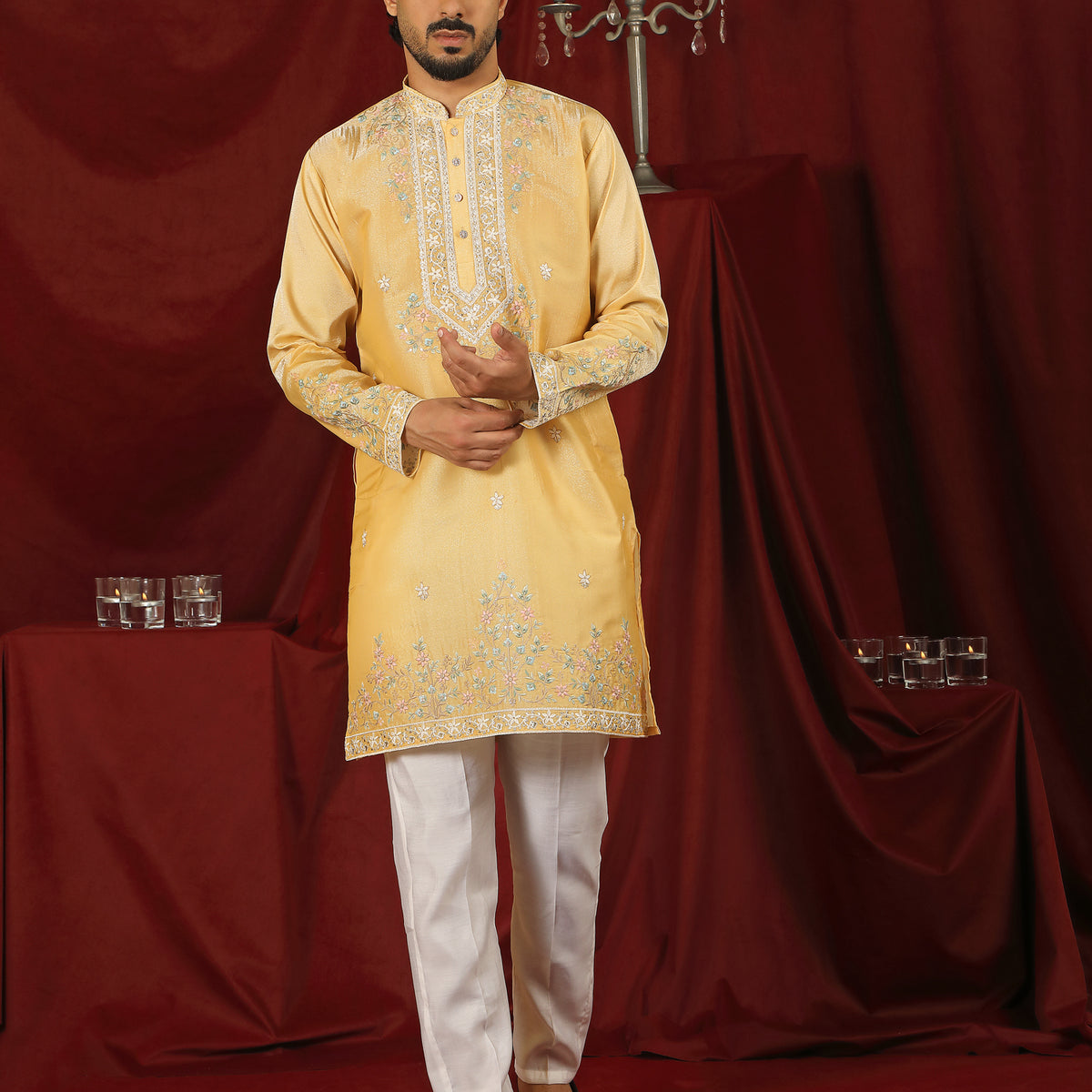 Luxe Men's Tissue Fabric Multi Color Floral Embroidery with Mirror Work Kurta with Trouser Set - Yellow