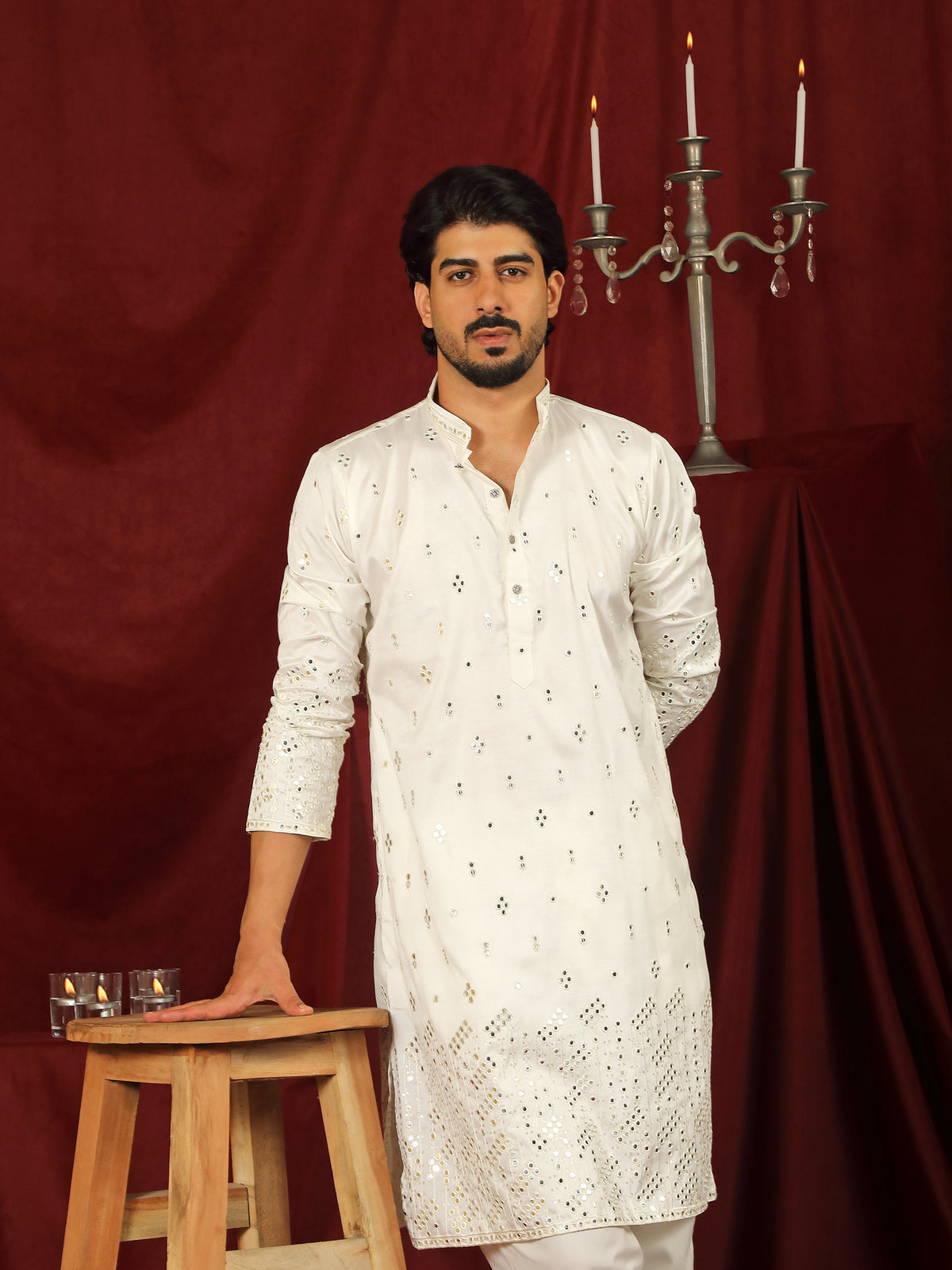 Luxe Men's Cotton Silk Fabric All Over Floral Patterned Mirror Embroidery Work Kurta - Cream
