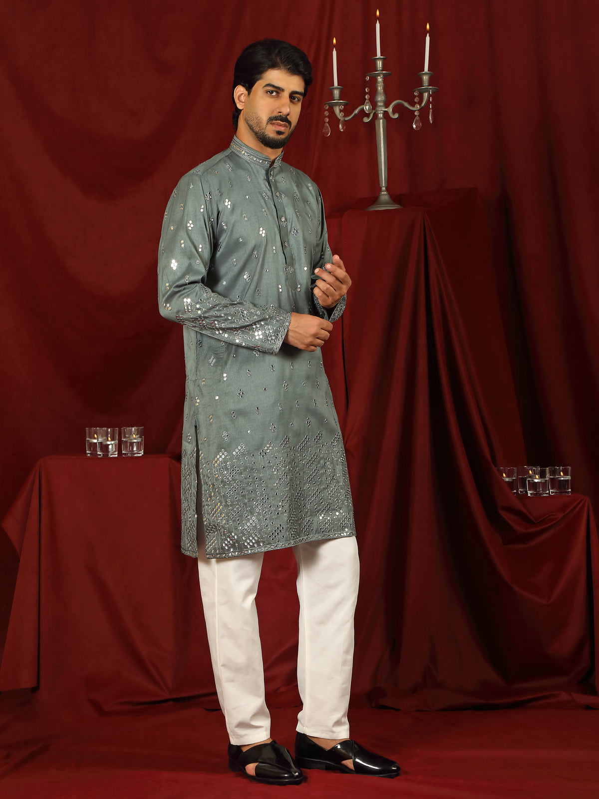 Luxe Men's Cotton Silk Fabric All Over Floral Patterned Mirror Embroidery Work Kurta - Green