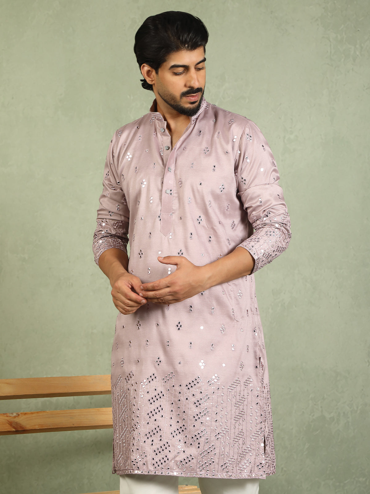 Luxe Men's Cotton Silk Fabric All Over Floral Patterned Mirror Embroidery Work Kurta - Mauve