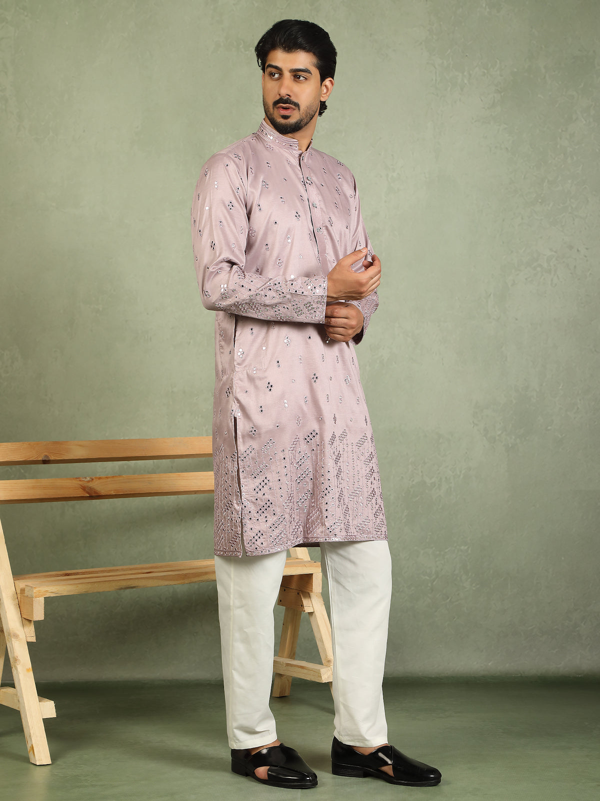 Luxe Men's Cotton Silk Fabric All Over Floral Patterned Mirror Embroidery Work Kurta - Mauve