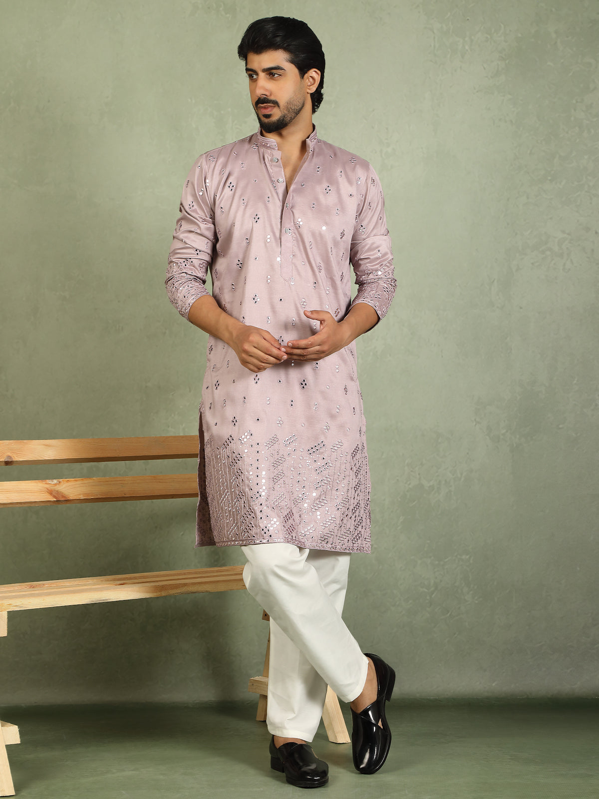 Luxe Men's Cotton Silk Fabric All Over Floral Patterned Mirror Embroidery Work Kurta with Trouser Set - Mauve