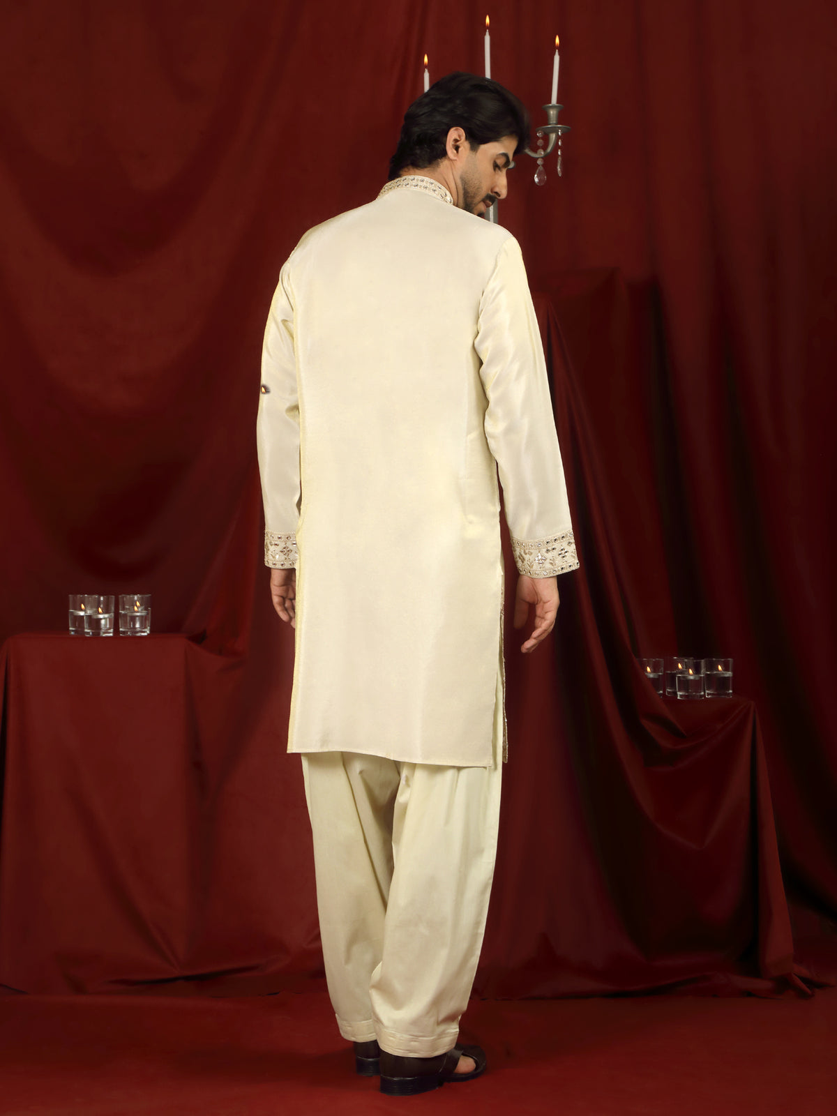 Luxe Men's Tissue Floral Zari Embroidery Daman Work Kurta - Beige