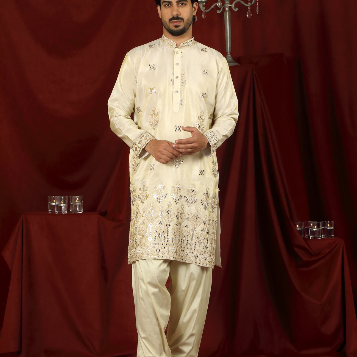 Luxe Men's Tissue Floral Zari Embroidery Daman Work Kurta with Salwar Set - Beige