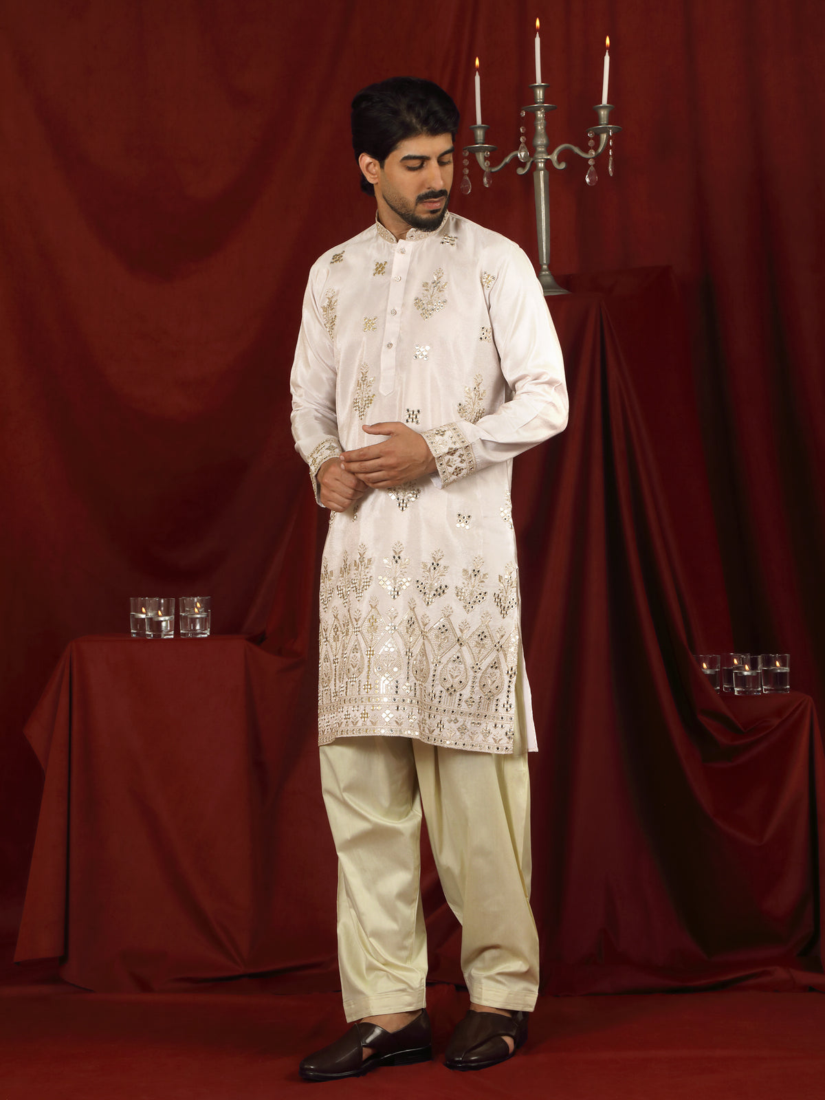 Luxe Men's Tissue Floral Zari Embroidery Daman Work Kurta - Mauve