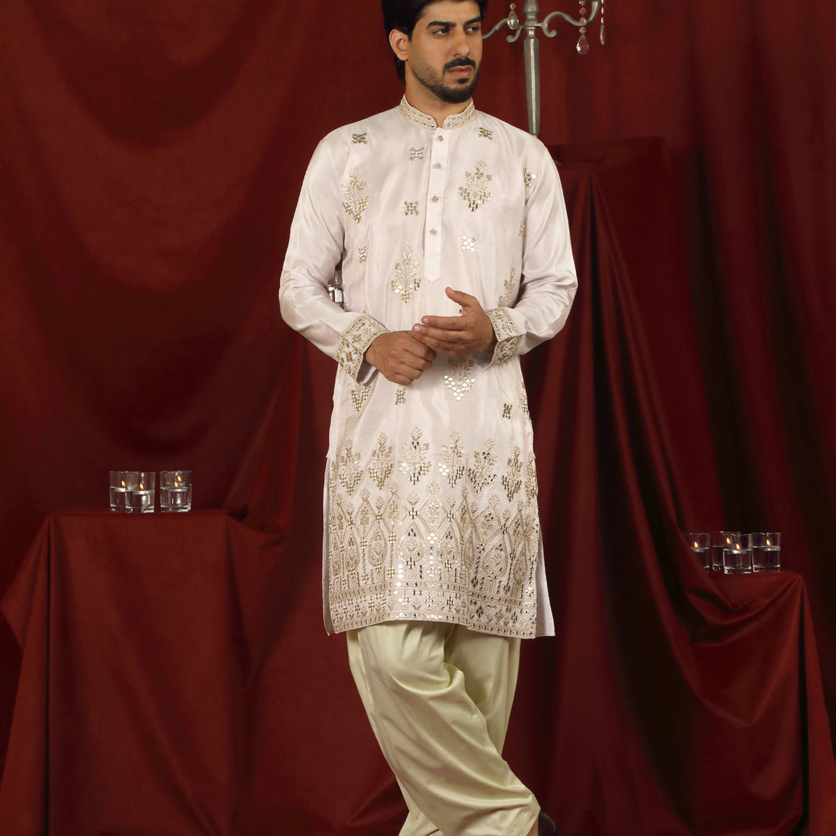 Luxe Men's Tissue Floral Zari Embroidery Daman Work Kurta with Salwar Set - Pink