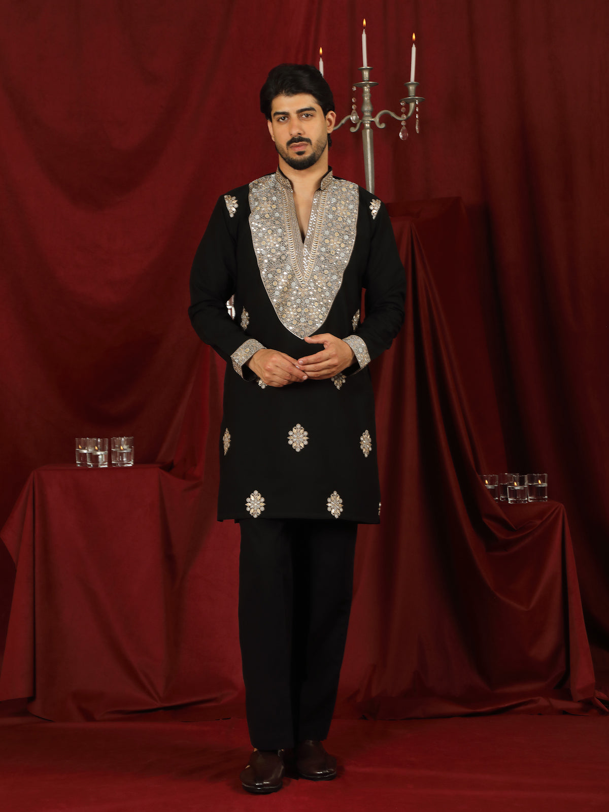 Luxe Men's Japanese Heavy Yoke Zari Embroidery with Sequinned V-Neck Kurta - Black