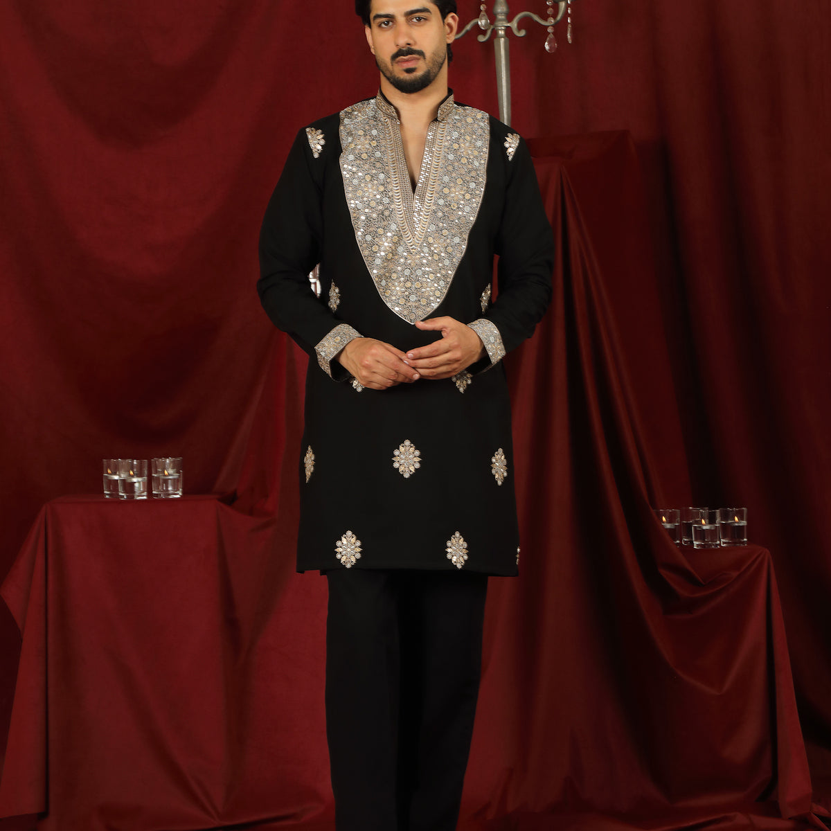 Luxe Men's Japanese Heavy Yoke Zari Embroidery with Sequinned V-Neck Kurta with Trouser Set - Black
