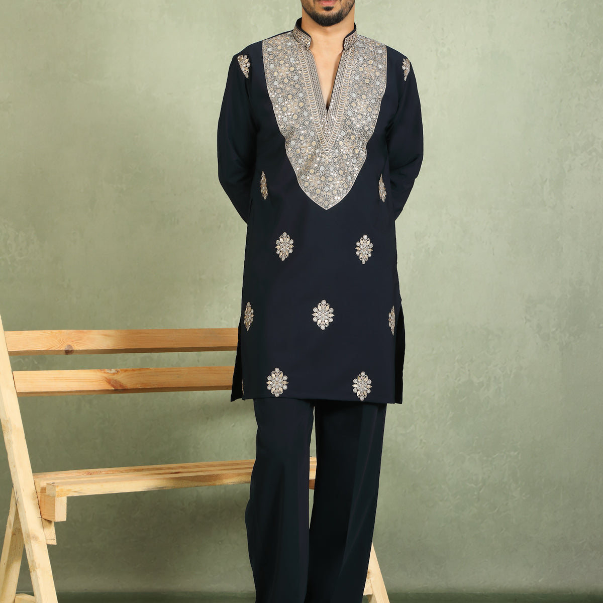 Luxe Men's Japanese Heavy Yoke Zari Embroidery with Sequinned V-Neck Kurta with Trouser Set - Navy Blue