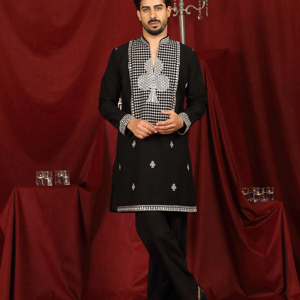 Luxe Men's Japanese Heavy Embroidery Club Motif V-Neck Kurta with Trouser Set - Black