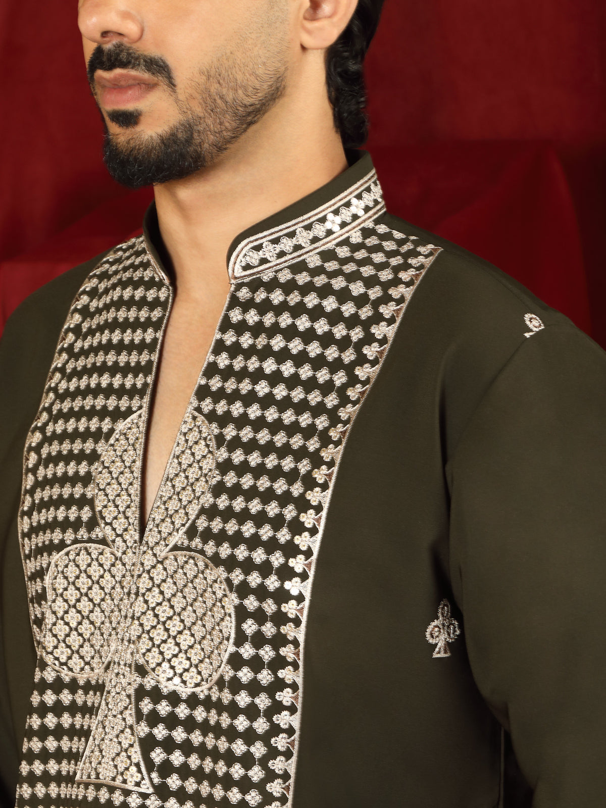 Luxe Men's Japanese Heavy Embroidery Club Motif V-Neck Kurta - Navy Blue