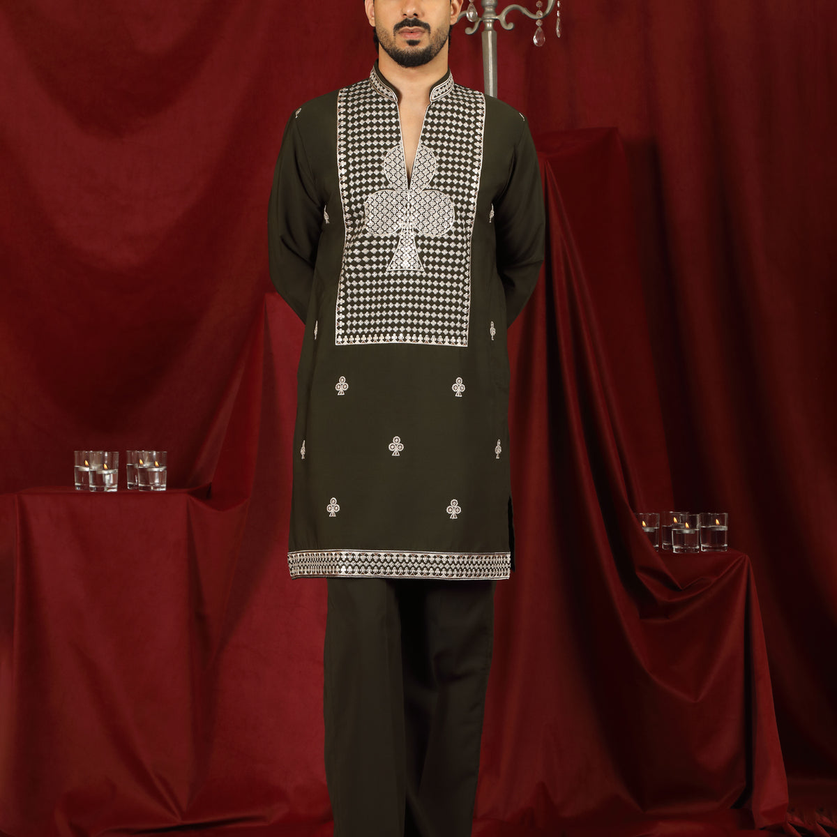 Luxe Men's Japanese Heavy Embroidery Club Motif V-Neck Kurta with Trouser Set - Olive Green
