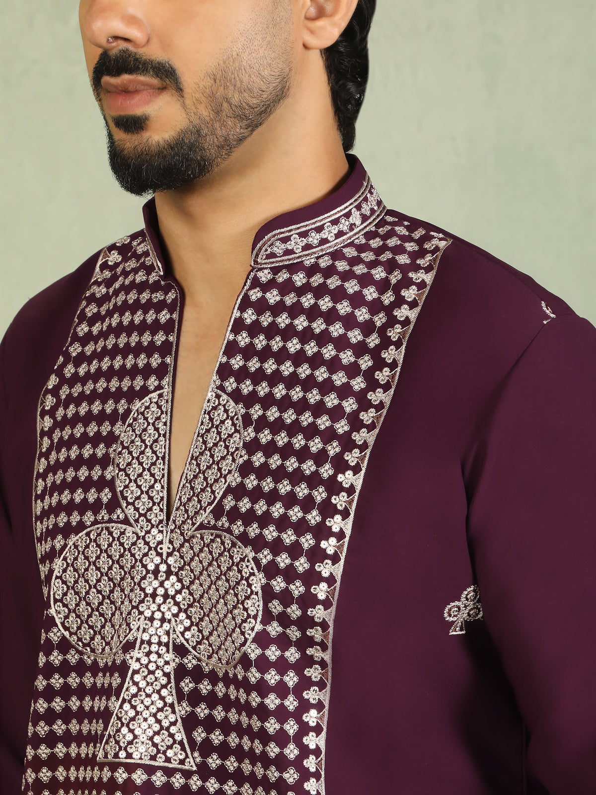 Luxe Men's Japanese Heavy Embroidery Club Motif V-Neck Kurta - Wine