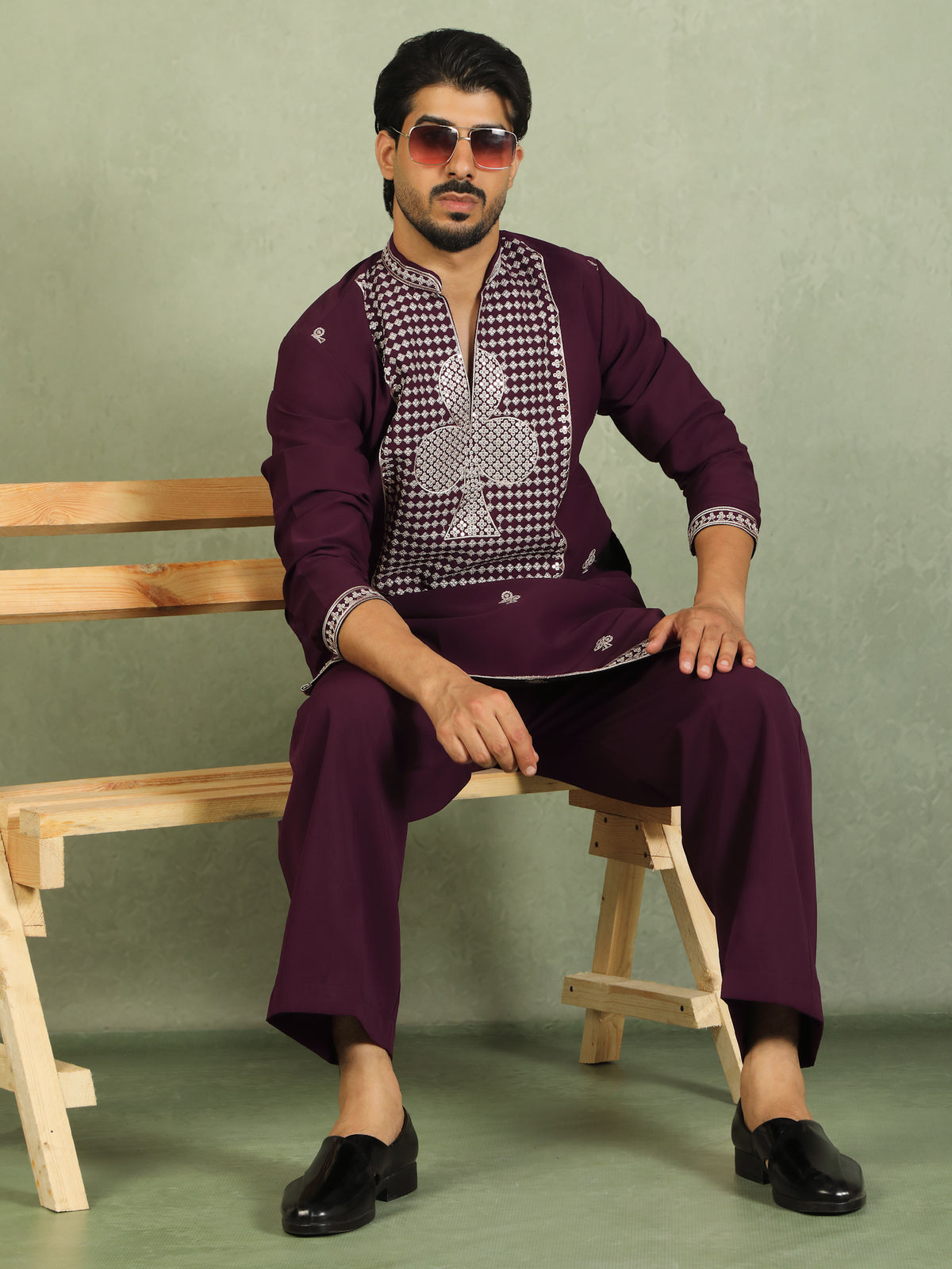 Luxe Men's Japanese Heavy Embroidery Club Motif V-Neck Kurta - Wine